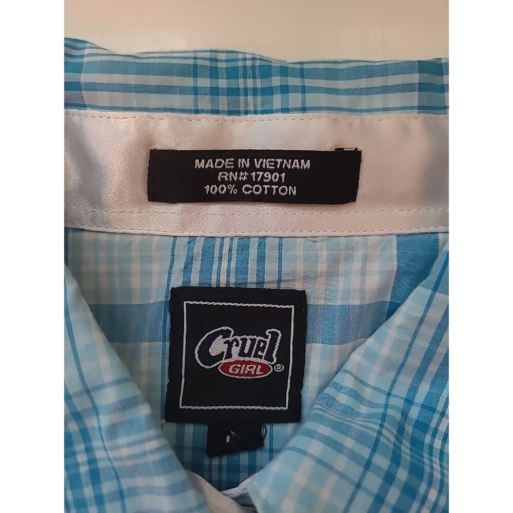 Cruel Girl Western Shirt Large Long Sleeve Pearl Snap Blue Plaid - Picture 7 of 11
